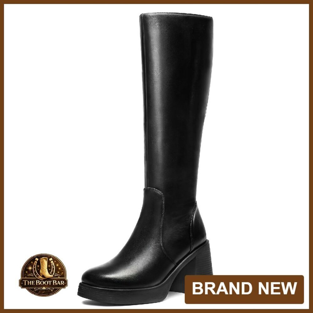 Knee High Platform Boots Wide Calf Square Toe Chunky Heel